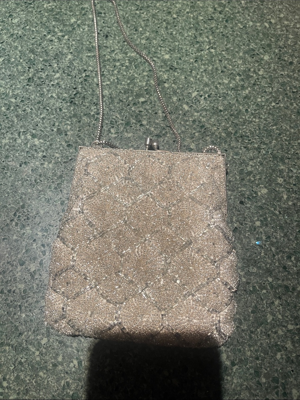 Elegant Silver Beaded Evening Bag with Chain Strap